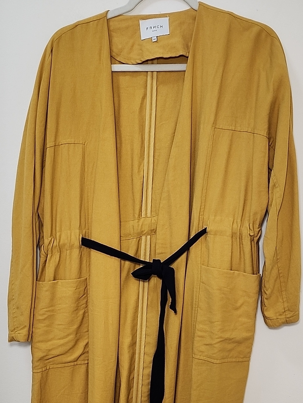 FRNCH PARIS Mustard Yellow Long Sleeve Open Front Blazer Black Tie Size S/M - Picture 15 of 16